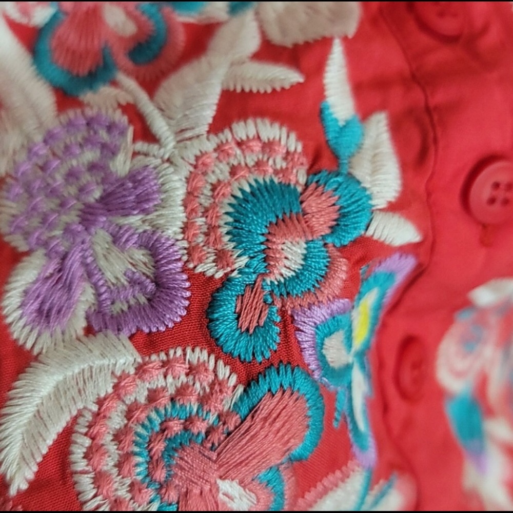 Vibrant Red Floral Embroidered Swim Coverup - Picture 4 of 7